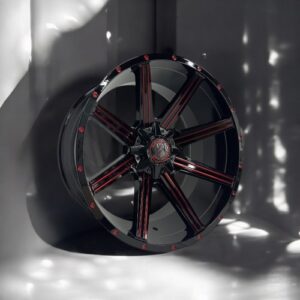 24X12 6X135 6X139.7 X95 SAIYAN WHEELS CB87.1MM -44MM GLOSS BLACK MACHINED+MILLED DOT +RED COATED