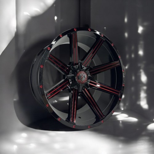 24X12 6X135 6X139.7 X95 SAIYAN WHEELS CB87.1MM -44MM GLOSS BLACK MACHINED+MILLED DOT +RED COATED